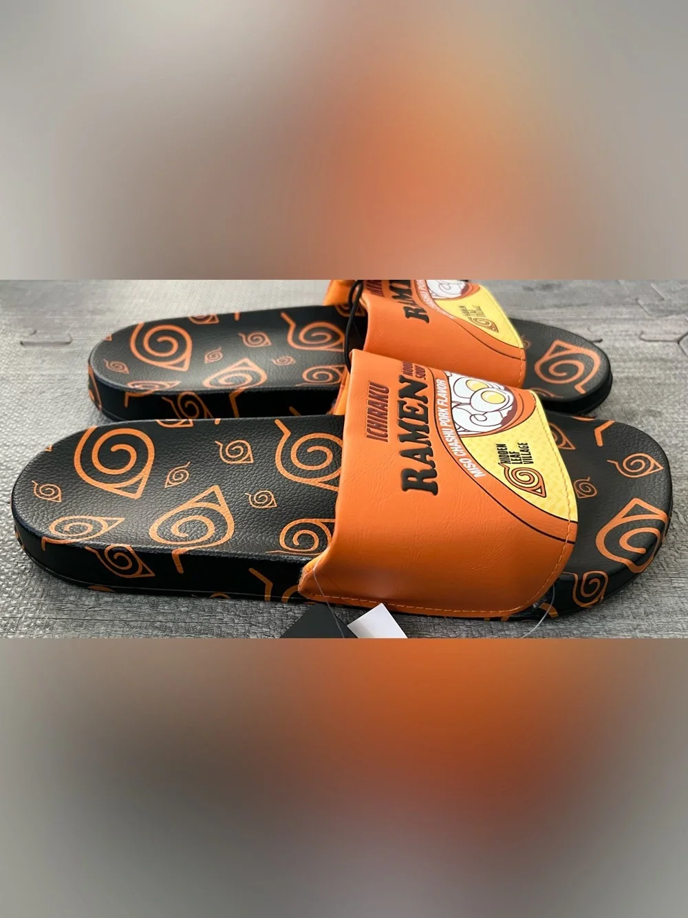Naruto Ichiraku Ramen Men's Slide Sandals Black Orange Yellow Logo Slip-On